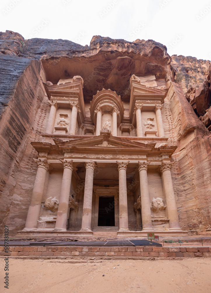 Close up view of the Treasury (Al Khazneh) at the ancient city of Petra in Jordan 