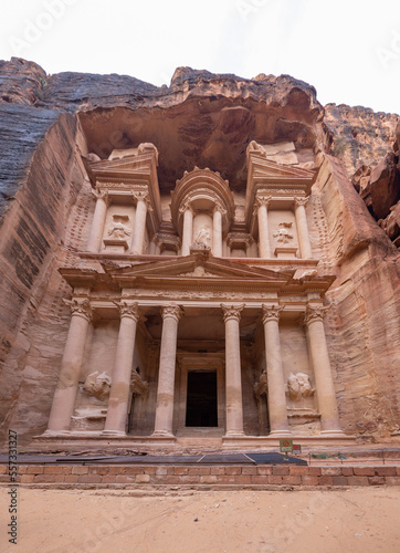 Close up view of the Treasury (Al Khazneh) at the ancient city of Petra in Jordan  photo