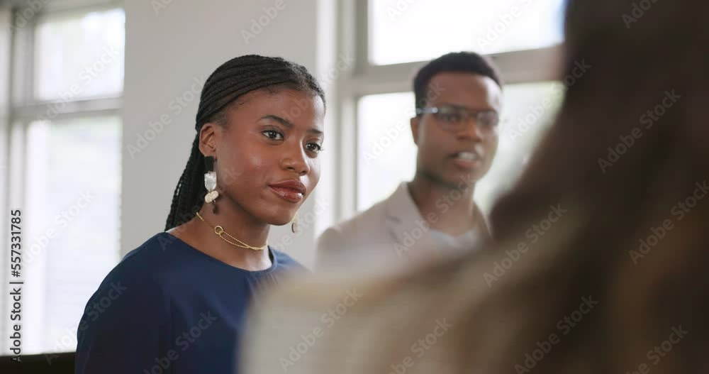 Business people, discussion group and conflict resolution in office with diversity, hr review and serious manager. Team, human resources meeting and management with talking, dispute or peace strategy