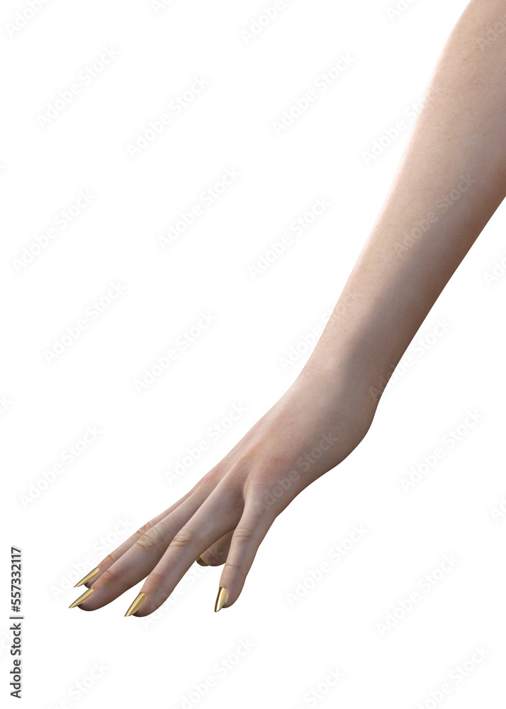 3D Caucasian female hand with gold nails