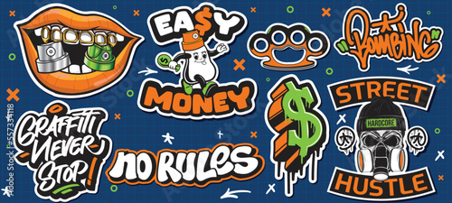 A set of colorful or vibrant graffiti art stickers. Street art theme, urban style for T-shirt design, graffiti design for wallpaper, wall art or print art designs.