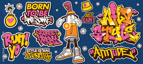 A set of colorful or vibrant graffiti art stickers. Street art theme, urban style for T-shirt design, graffiti design for wallpaper, wall art or print art designs.