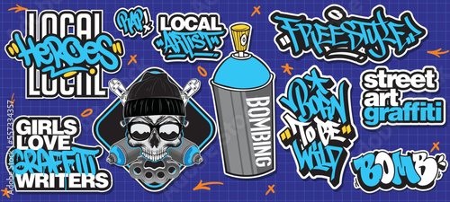 A set of colorful or vibrant graffiti art stickers. Street art theme, urban style for T-shirt design, graffiti design for wallpaper, wall art or print art designs.