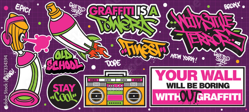 A set of colorful or vibrant graffiti art stickers. Street art theme, urban style for T-shirt design, graffiti design for wallpaper, wall art or print art designs.