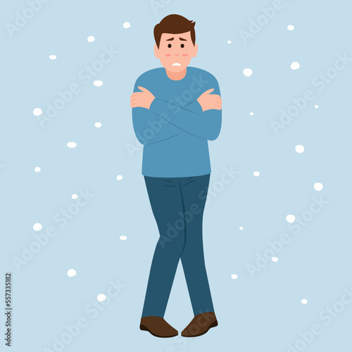 Man shivering in chilling cold winter season weather. Winter season.Cold Weather, Freeze. Vector illustration