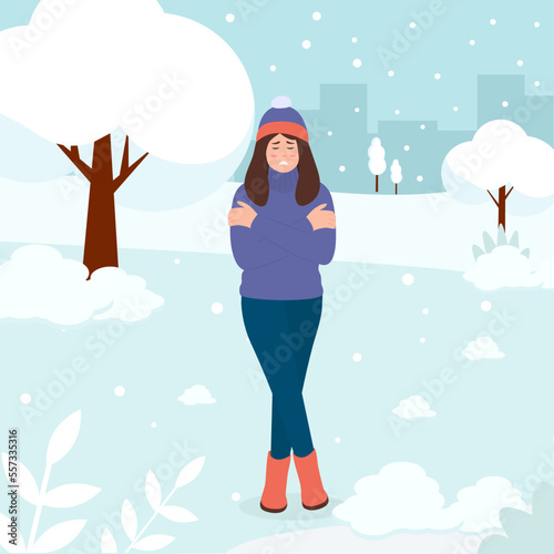 A young woman shivers from the cold, hugs himself with his hands. Girl sensitive to cold freezing outdoor in the snow. Winter season.Cold Weather, Freeze. Vector illustration