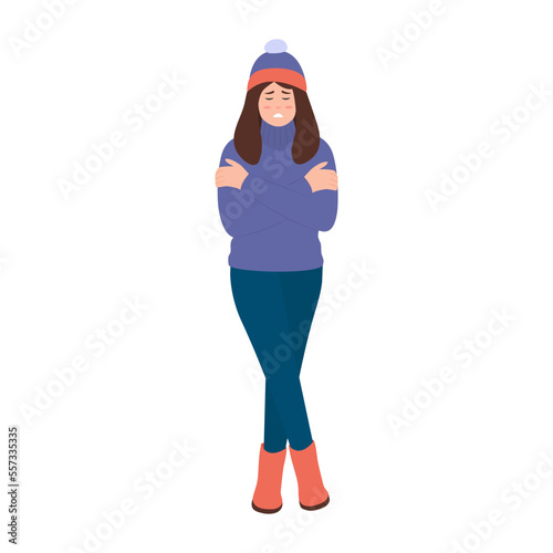 Woman shivering in chilling cold winter season weather. Winter season.Cold Weather, Freeze. Vector illustration