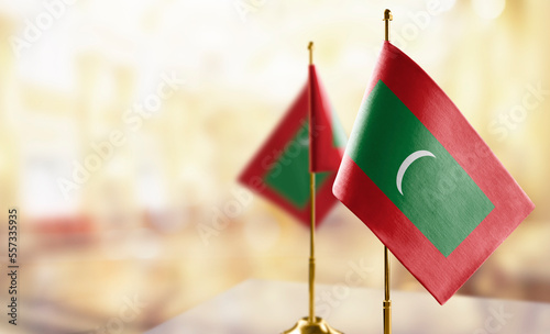 Small flags of the Maldives on an abstract blurry background