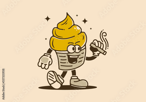 Illustration design of ice cream mascot holding a cigarette