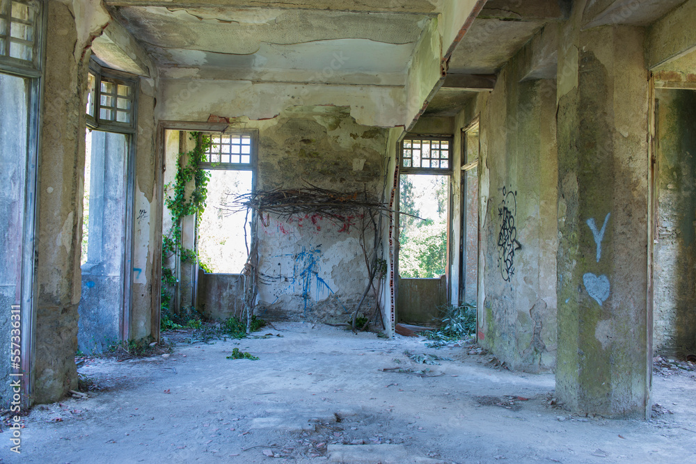 CESURAS, SPAIN - JUNE 10, 2017: Ruins of the tuberculosis hospital project in the year 1925, which was later abandoned.