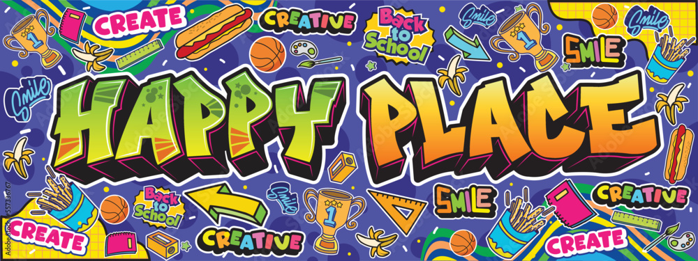 Cool words Happy Place wall art in graffiti urban street art theme. Colorful and cute design illustration. Happy Family and Happy place typography design