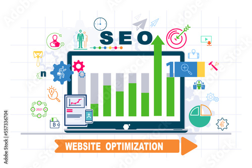 Infographic. Notebook monitor. Top SEO trends to rank your website in 2023. Search Optimising Website. Business icon template, flat design presentation, sign element.Can be used in business technology