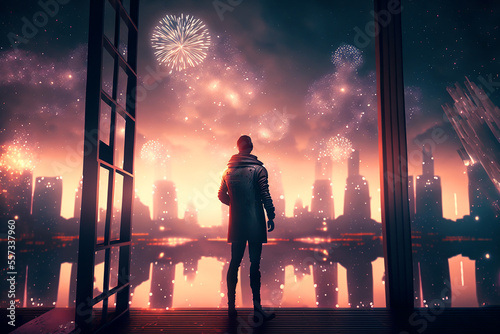 New Year's Eve fireworks over a futuristic bridged city. Generative AI