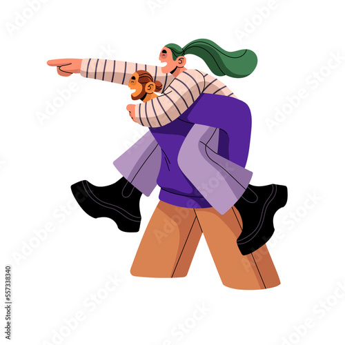 Happy love couple, friends. Young man going, carrying woman sitting on his shoulders, back. Fun, joy of romantic girlfriend and boyfriend. Flat vector illustration isolated on white background