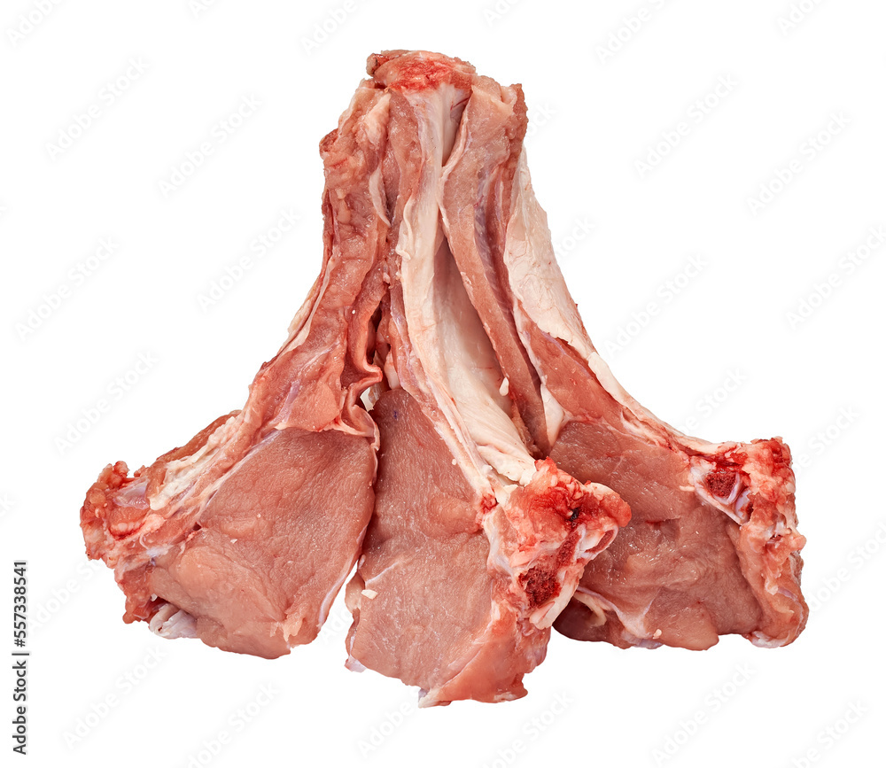 raw lamb saddle meat on bone decorated rosemary top view isolated on white background