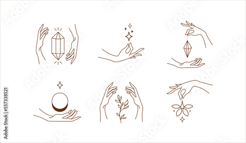 Design linear hands template logos or emblems - hands in in different gestures.