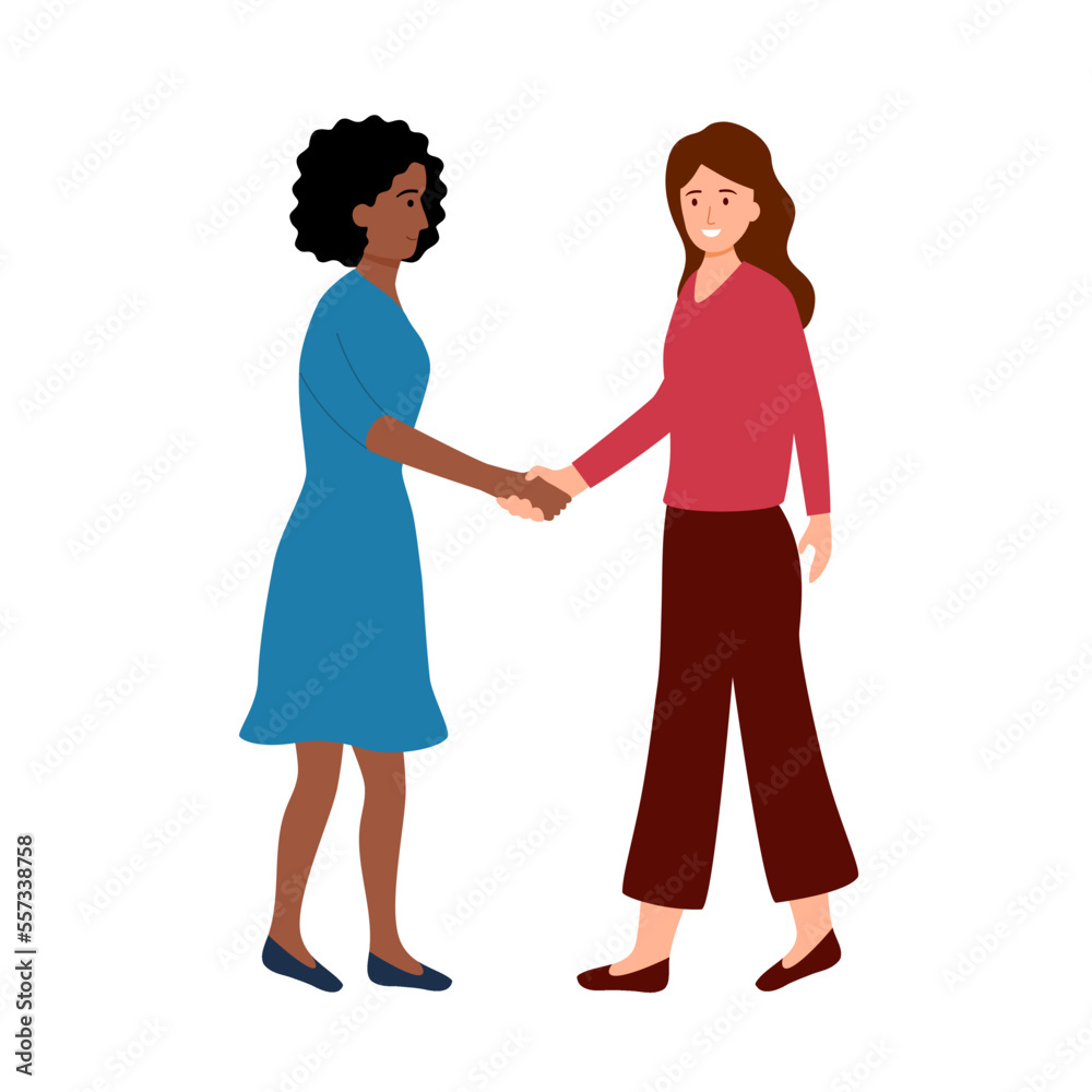 Two businesswomen shaking hands in flat design on white background. Business greeting concept vector illustration. Two businesswomen shaking hands in flat design on white background. Business greeting concept vector illustration.