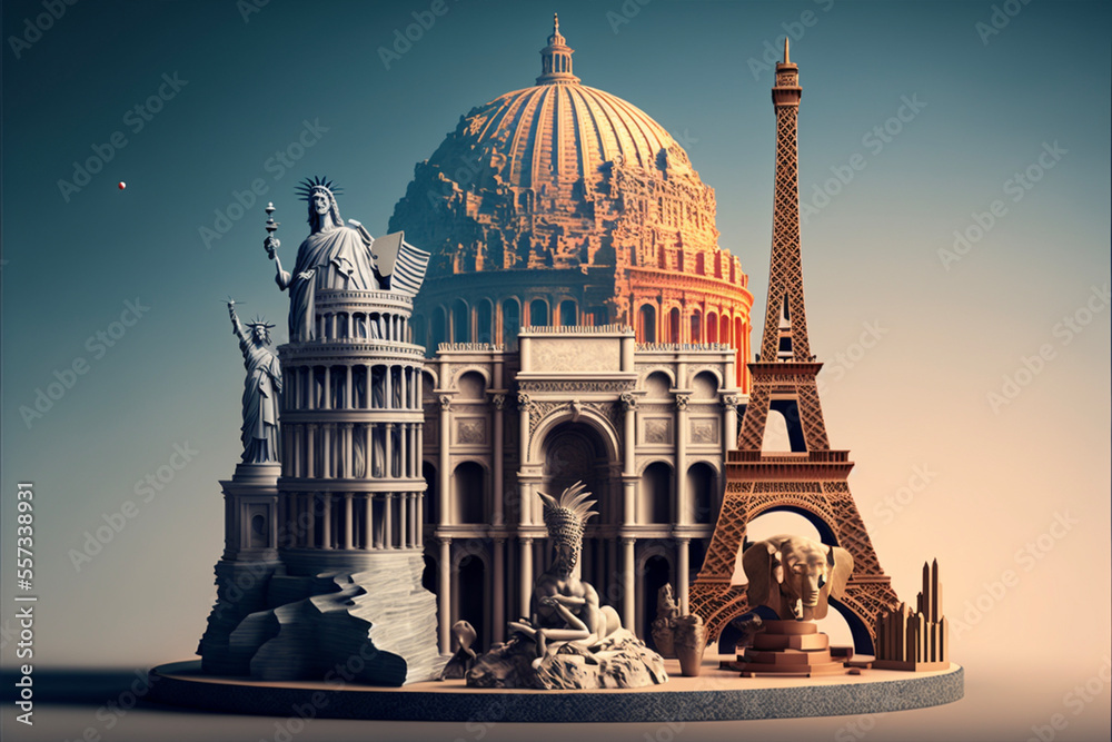 Fototapeta premium various famous historical buildings, vacation and travel concept, front view. Generated AI