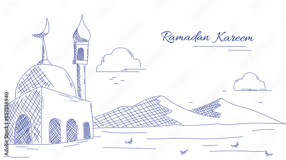 mosque and mountain sketch illustration for ramadan kareem