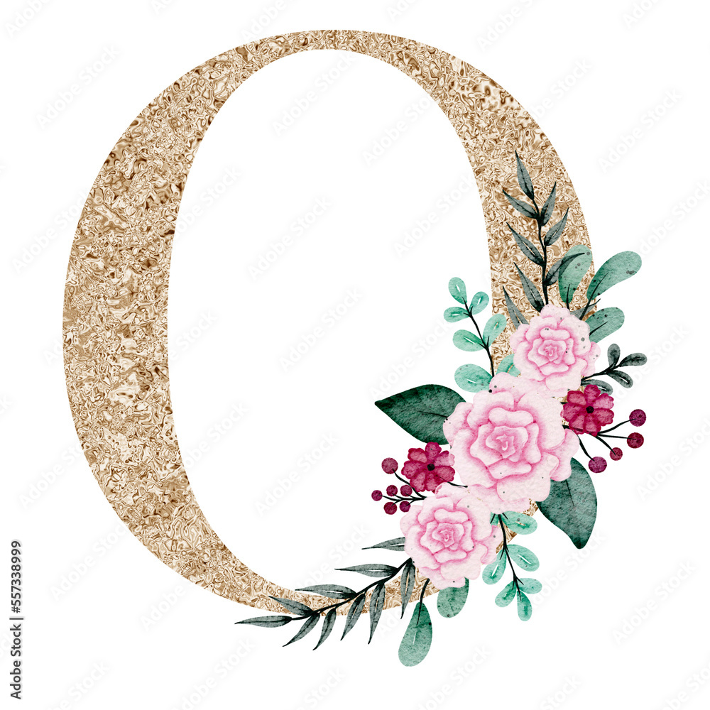Gold number with watercolor flowers and leaf Stock Illustration | Adobe