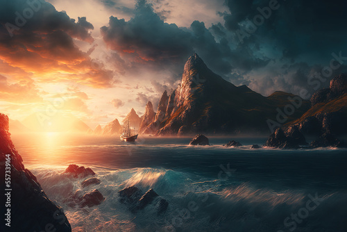 beautiful fabulous sea and sky landscape, art illustration