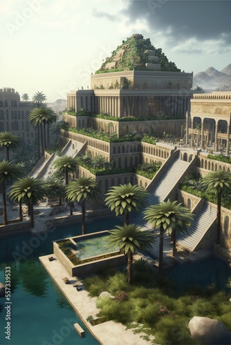 A coastal town found in babylon, persia, with a luxurious jungle and vegetation.