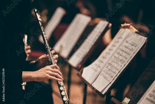 Indoor concert background abstract people performing music instruments flute in symphony orchestra