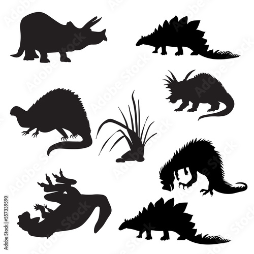 Dinosaur silhouette. Dinosaurs and Jurassic dino monsters icons. Vector silhouette of triceratops or T-rex, brontosaurus and stegosaurus, ceratosaurus and parasaurolophus reptile