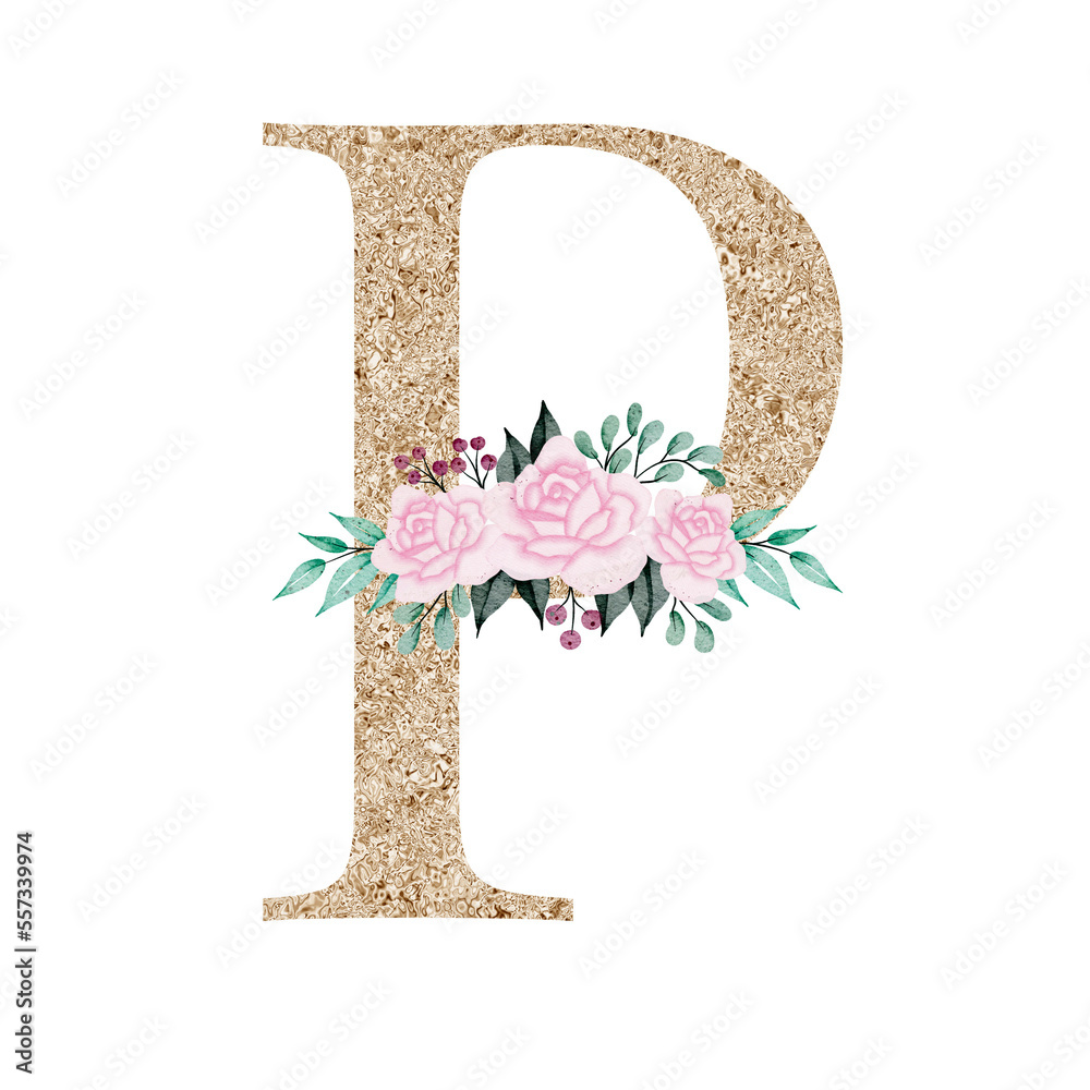 Fototapeta premium Floral alphabet, gold letter with watercolor flowers and leaf 