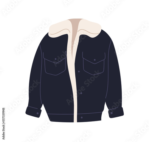 Modern warm jacket, winter and fall clothes with fur lining. Unisex garment, ...