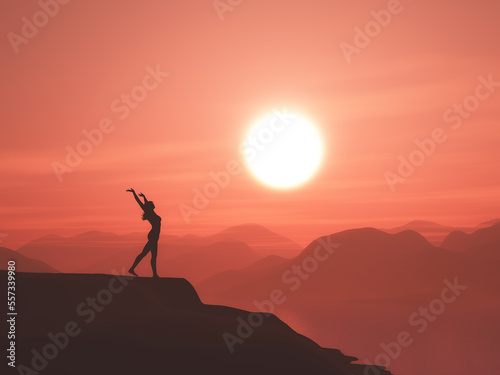 3D sunset landscape with a female stood on a mountain with arms raised