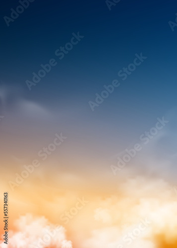 Sunset sky in evening with orange, yellow and purple colour,Vertical Dramatic dusk sky, Twilight landscape with dark blue,Vector illustration horizon banner of sunrise for Autumn, Winter background