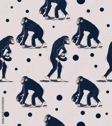 chimpanzee monkey holding hat seamless pattern on isolated grey background vector illustration