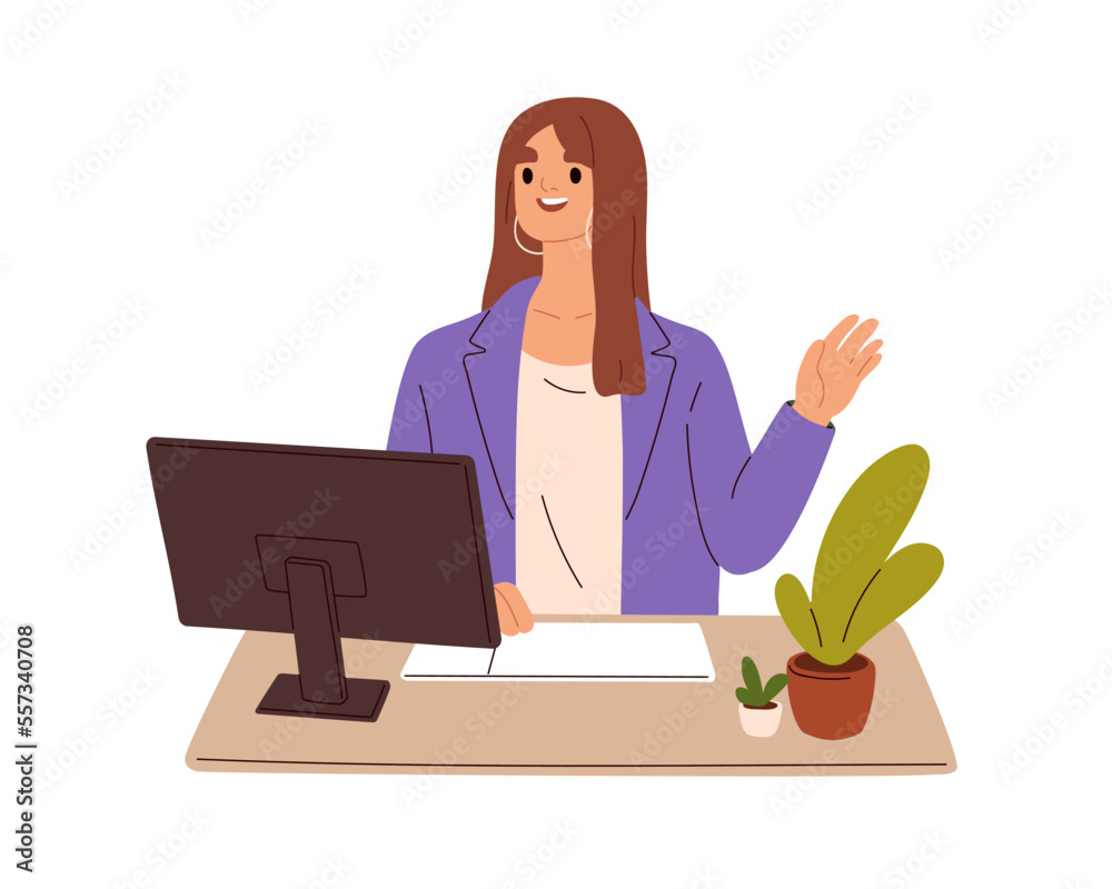 Business person during online video call. Happy woman employee sitting at office work desk, greeting via internet.Virtual communication concept. Flat vector illustration isolated on white background - obrazy, fototapety, plakaty 