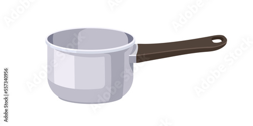 Saucepan, cooking pot. Saute pan with long handle. Deep empty sauce utensil with tall sides. Metal, stainless steel kitchenware for cook. Flat vector illustration isolated on white background