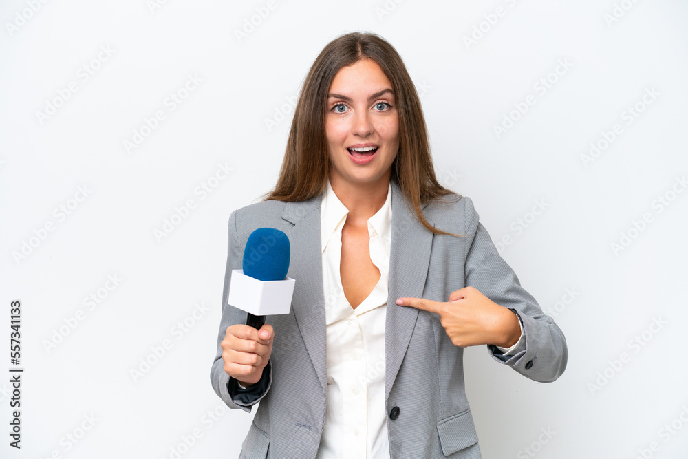 Young TV presenter caucasian woman isolated on white background with surprise facial expression Young TV presenter caucasian woman isolated on white background with surprise facial expression