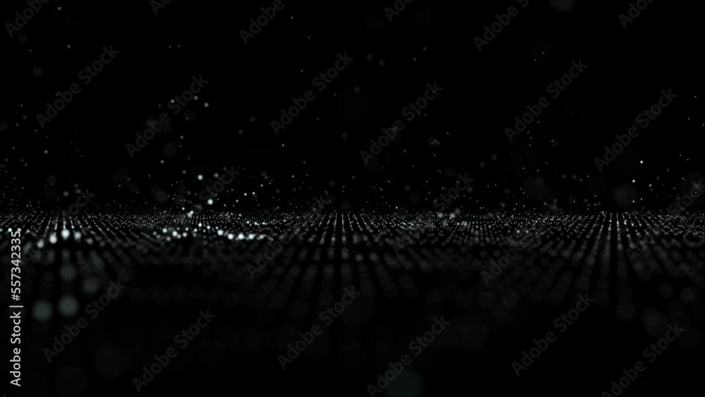 Seamless loop digital bouncing and glowing dot particles, concept computer network on clean black copy space background.