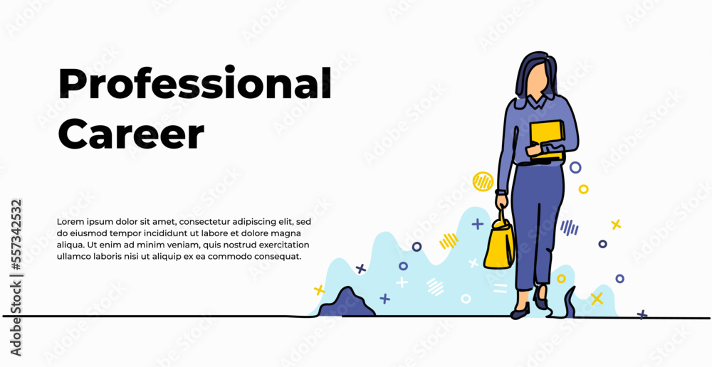 Professional career web banner. Vector illustration of business woman walking holding bag and laptop. Modern flat in continuous line style.