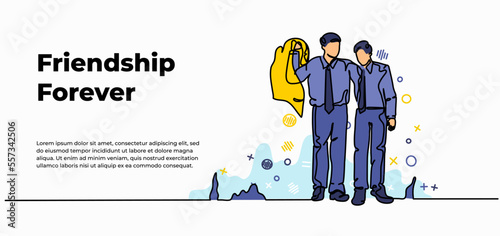 Friendship forever web banner. Vector illustration of man walks embracing his agitated friend. Modern flat in continuous line style.