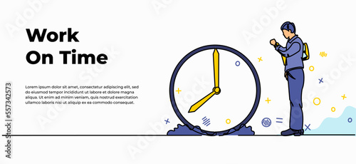 Work on time web banner. Vector illustration of man standing setting clock. Modern flat in continuous line style.
