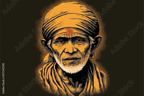 Sai Baba of Shirdi wallpaper, background illustration. Generative AI. Indian spiritual master and fakir (1838-1918). Generative AI. photo