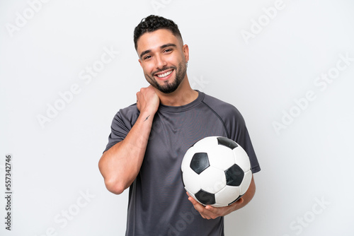 Arab young football player man isolated on white background laughing