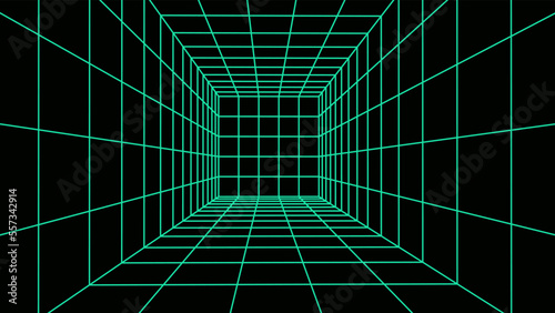 Fototapeta Naklejka Na Ścianę i Meble -  3d wireframe green room. Abstract perspective grid. Retro futuristic concept. Vector illustration.