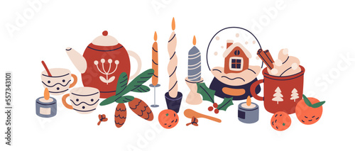 Christmas decorations. Cozy winter holiday decor, hygge stuff composition. Xmas ornaments, decorative candles, snow globe, cacao mug, tangerines. Flat vector illustration isolated on white background