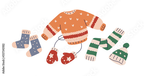 Knitted clothes set. Kids knitwear garments. Warm wearing, sweater, winter hat, mittens, cozy socks, scarf. Childish wardrobe for cold season. Flat vector illustration isolated on white background