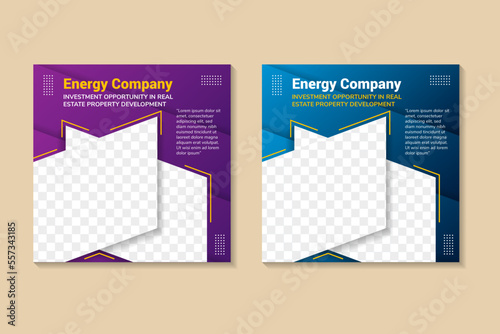 energy company social media post banner template with purple and green gradient colors background. circle and diagonal papercut pattern style. space for photo collage. yellow and green element color.