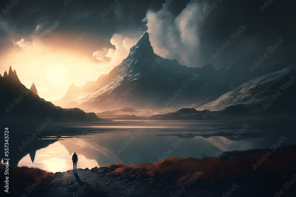 beautiful landscape, mountain hills, lake, sunset, dawn, art illustration