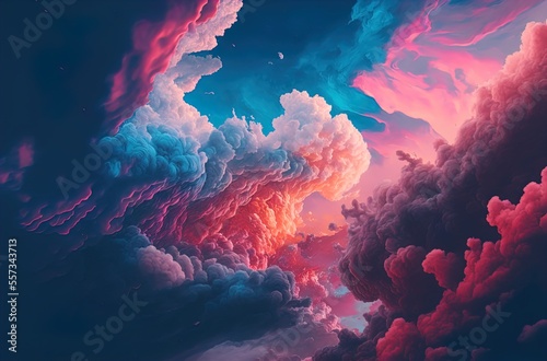 The sky is filled with pink and blue clouds. Art. Illustration. Generative AI.