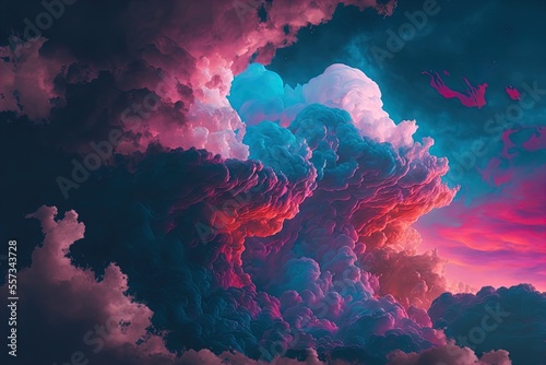 The sky is filled with pink and blue clouds. Art. Illustration. Generative AI.