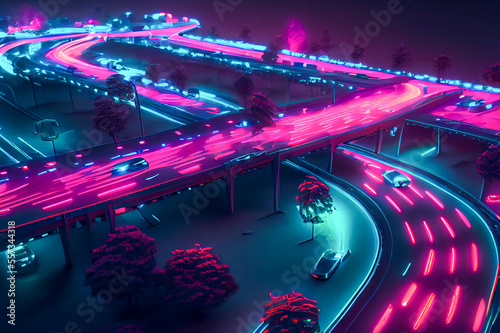 Futuristic city with ultra speed highways, ai illustration